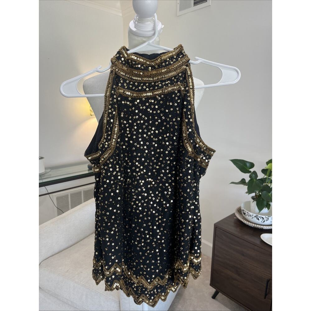 Sequin Beaded High Neck Top Black Gold Brown Silk Sleeveless Romantic VTG
